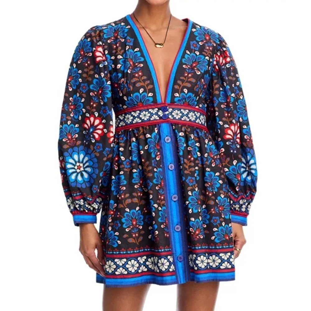 FARM RIO Latina Scarf Mini Dress Sz Medium Blue Mosaic Floral Cotton Long Sleeve - Picture 3 of 16
